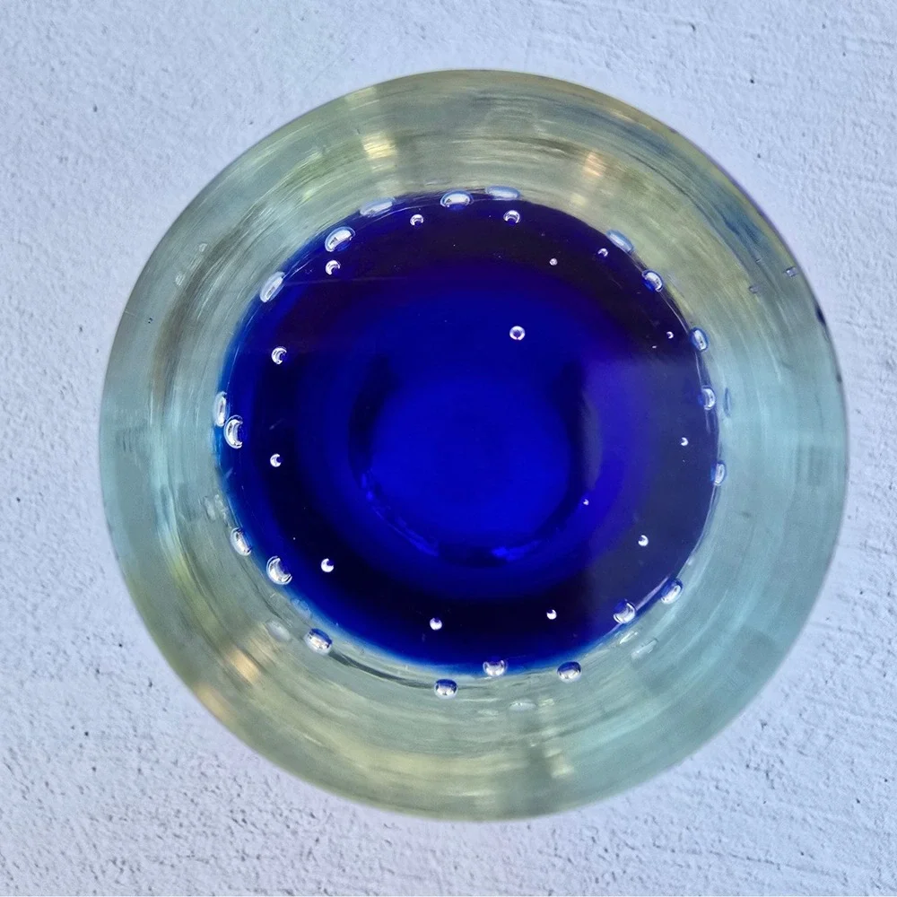 Cobalt Blue Controlled Bubble Art Glass Vase Heavy Clear Glass Bullicante 8in